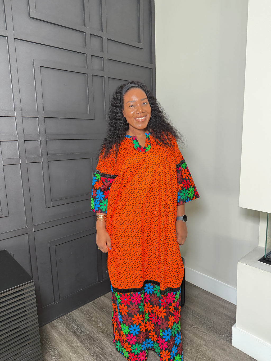 Orange Mixed-Print Full-Length Color-Block Dress