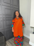 Orange Mixed-Print Full-Length Color-Block Dress