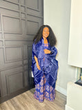 Royal Blue Printed Dress and Draped Wrap Set