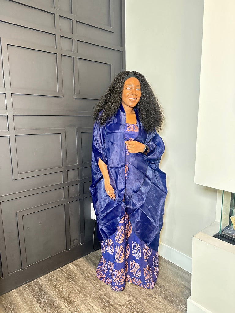 Royal Blue Printed Dress and Draped Wrap Set
