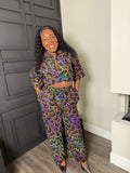 Purple Floral Crop Top & Wide-Leg Pants Set