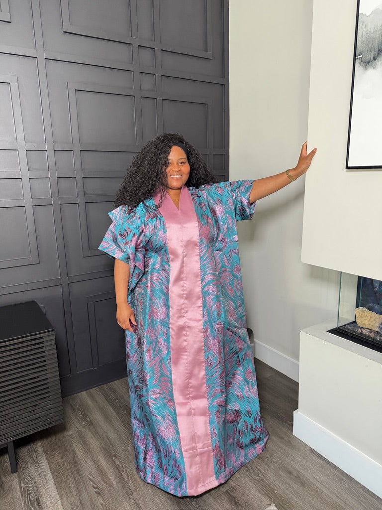 Kaftan Gown - Teal and Blush Abstract Print