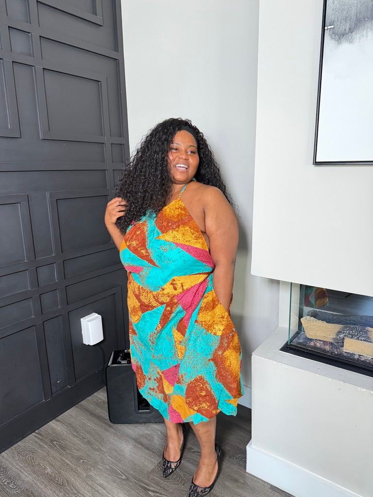 Turquoise Abstract-Print Sleeveless Swing Dress