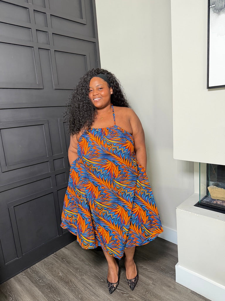 Blue and Orange Abstract-Print Halter Midi Dress