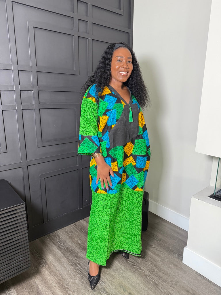 Green Patchwork-Print Tassel-Neck Kaftan Dress
