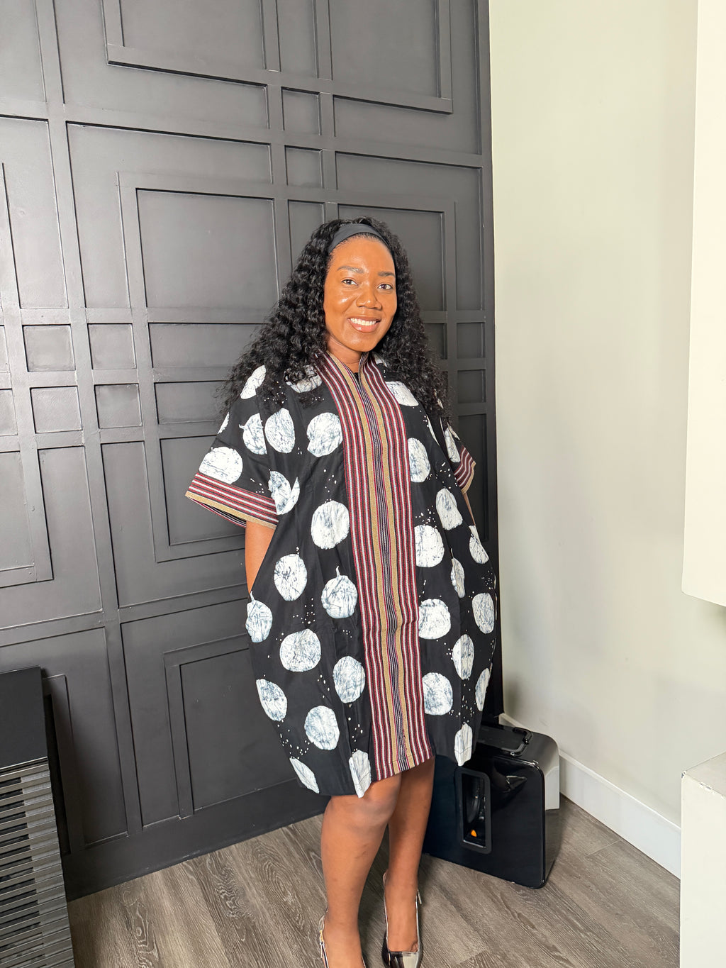 Black Abstract-Print Tunic Dress with Striped Trim