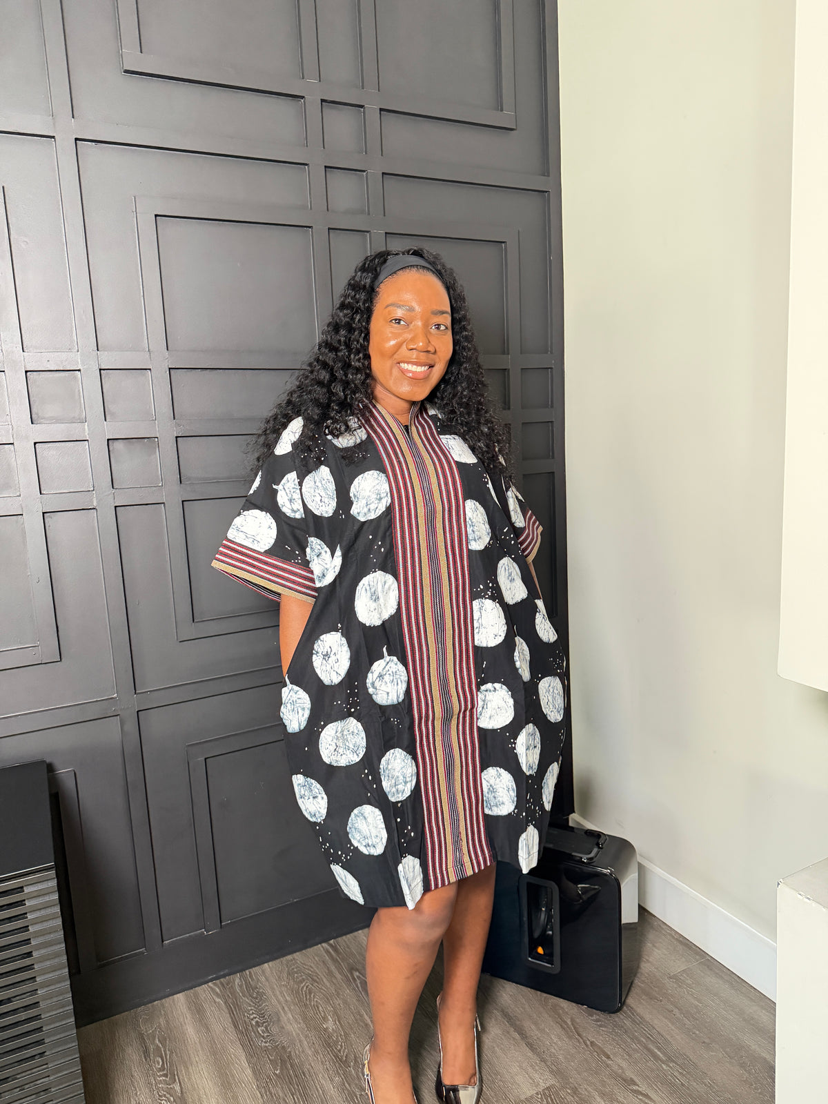 Black Abstract-Print Tunic Dress with Striped Trim
