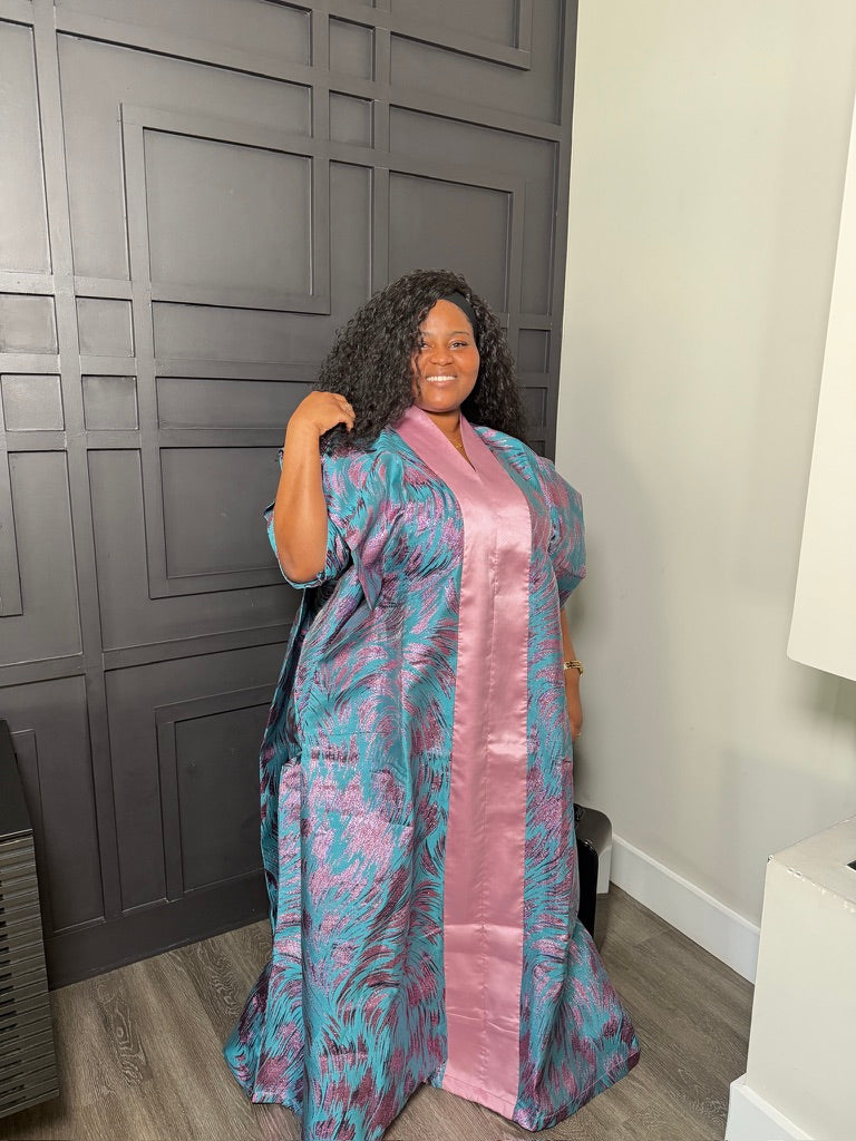 Kaftan Gown - Teal and Blush Abstract Print