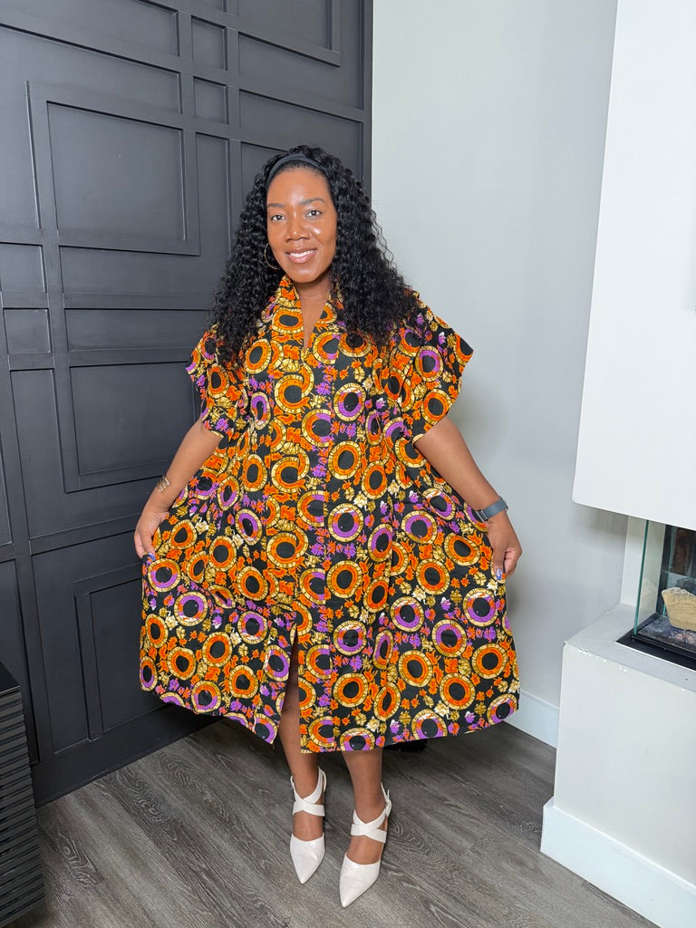 Orange Abstract-Print Collared Midi Shirt Dress