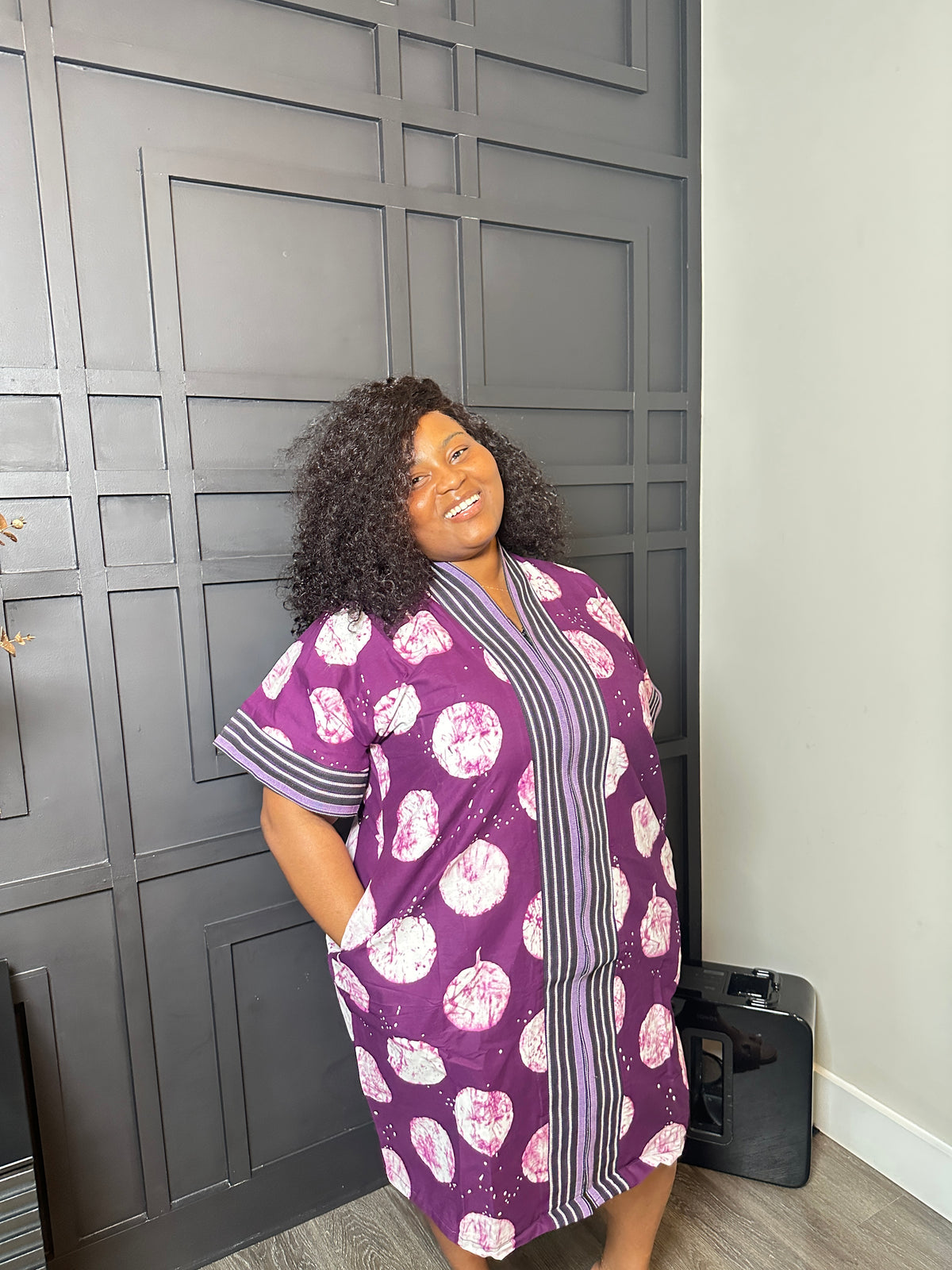Purple Abstract-Print Longline Tunic with Striped Trim