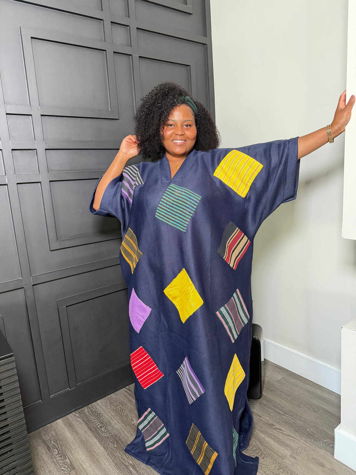 Navy Geometric Patchwork V-Neck Shift Dress