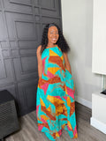 Turquoise Abstract-Print Sleeveless Swing Dress