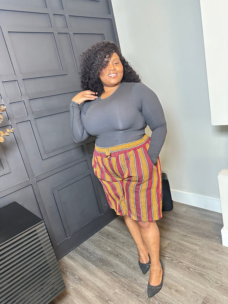 Mustard and Burgundy Striped Bermuda Shorts