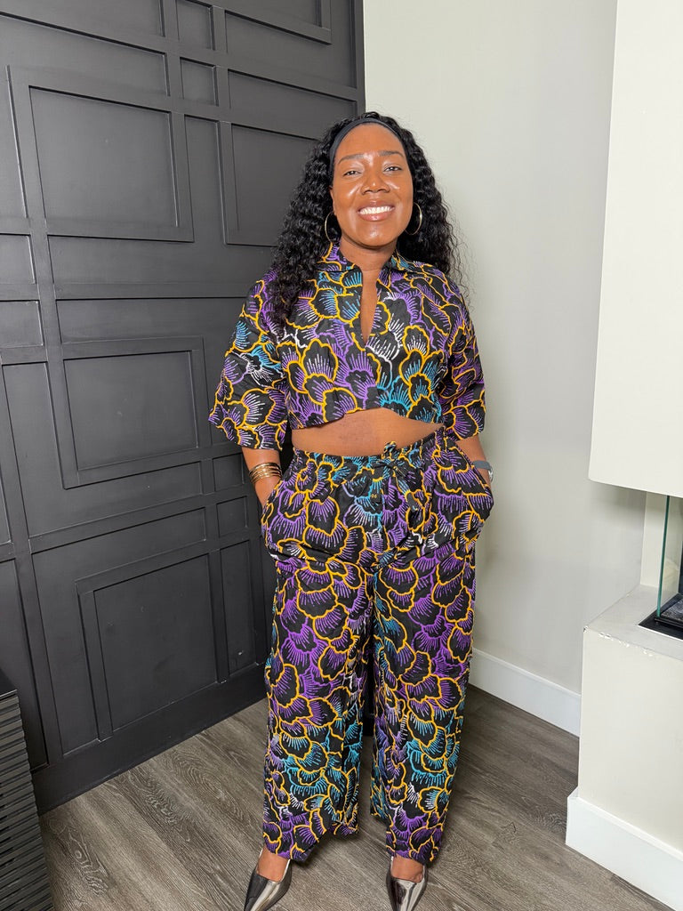 Purple Floral Crop Top & Wide-Leg Pants Set