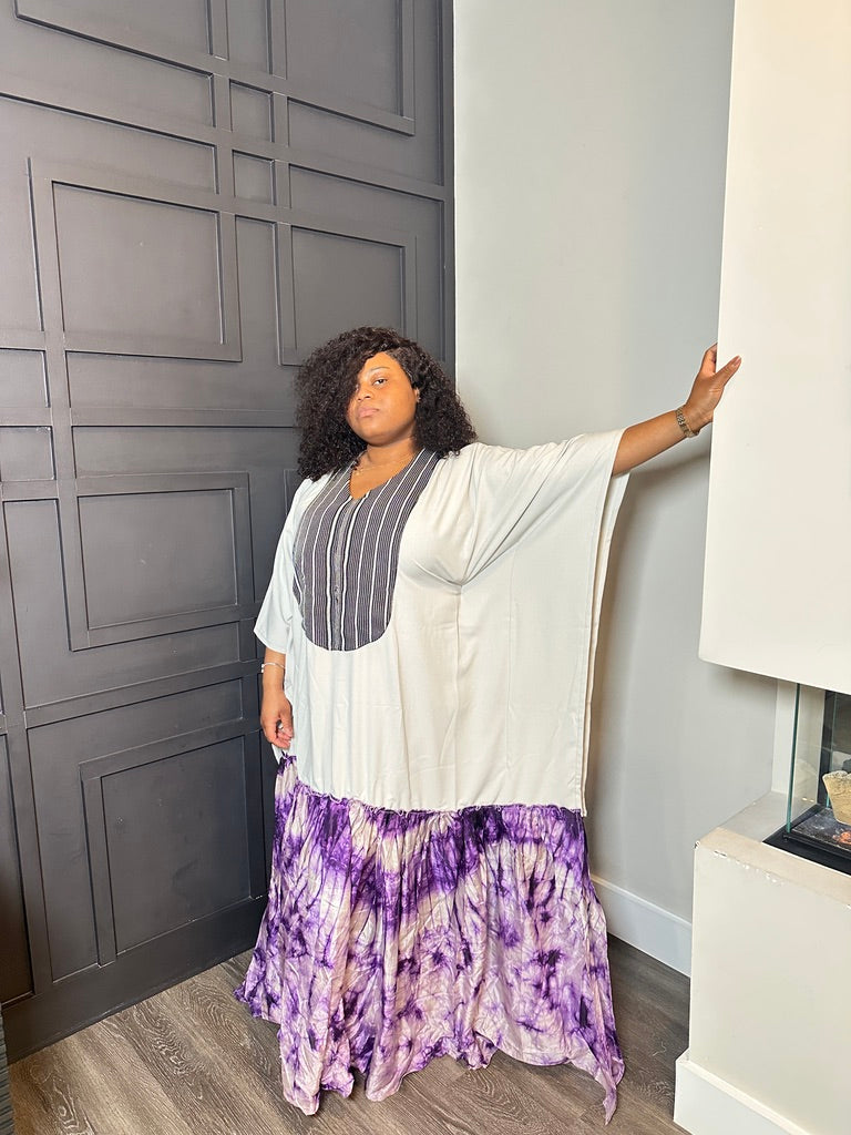 Ivory Tiered Dress with Purple Tie-Dye Hem
