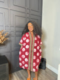 Burgundy Abstract-Print Longline Tunic with Striped Trim