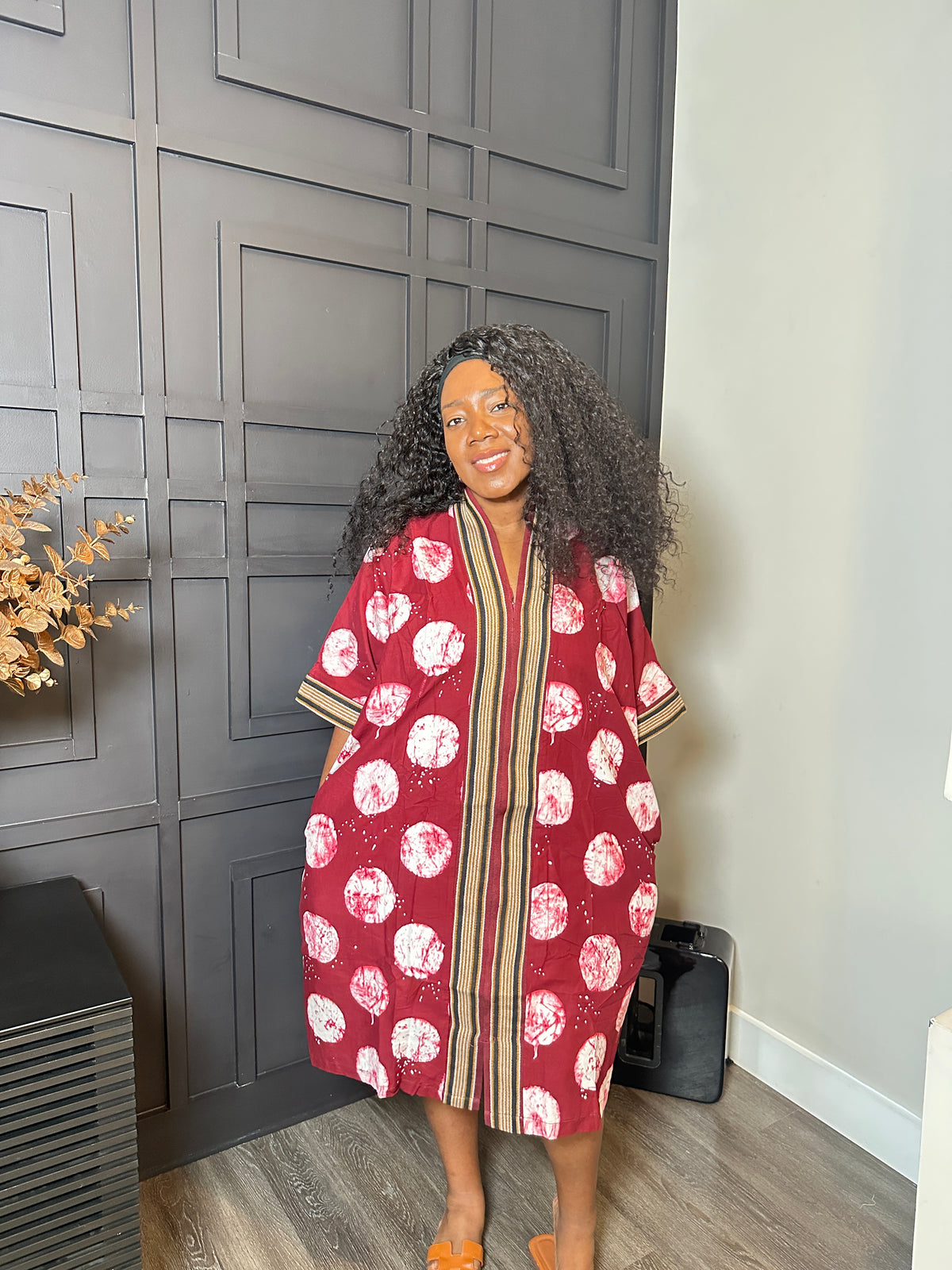 Burgundy Abstract-Print Longline Tunic with Striped Trim