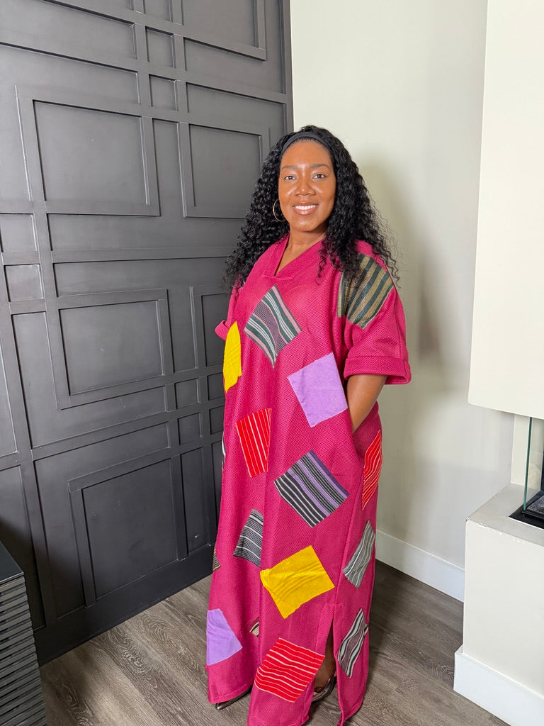 Fuchsia Patchwork V-Neck Relaxed Shift Dress