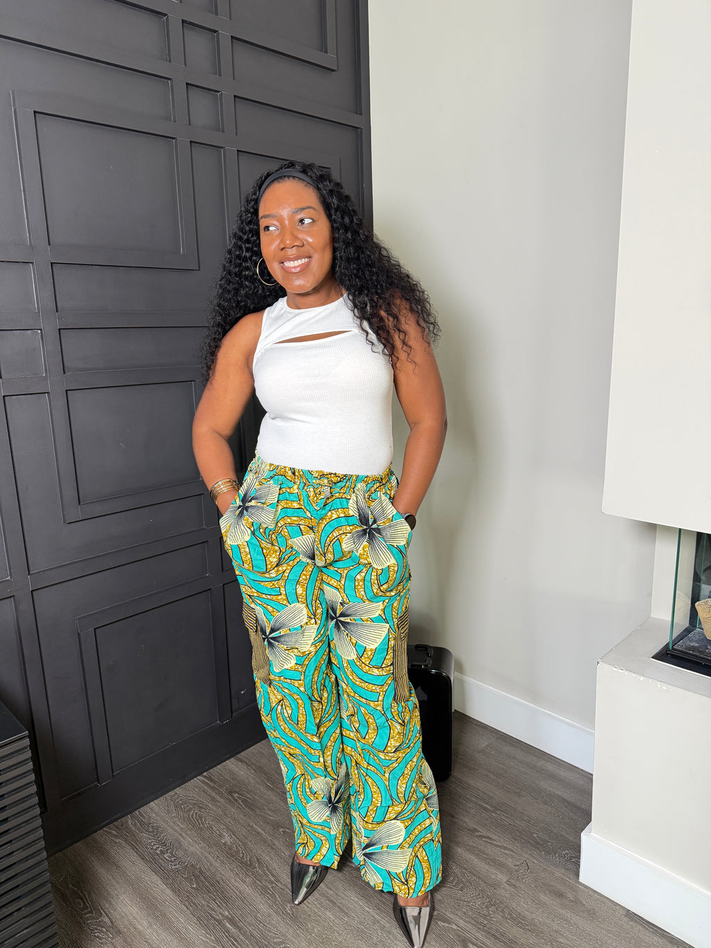 Turquoise Floral-Print Wide-Leg Cargo Pants