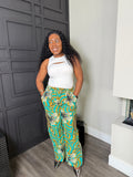 Turquoise Floral-Print Wide-Leg Cargo Pants