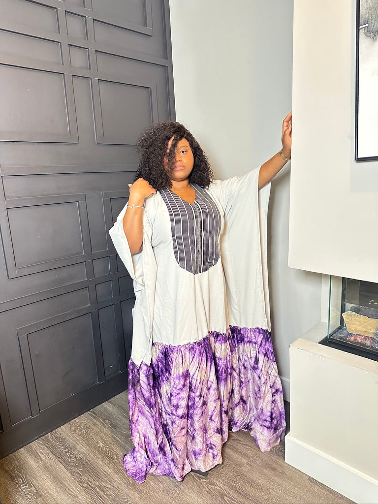 Ivory Tiered Dress with Purple Tie-Dye Hem