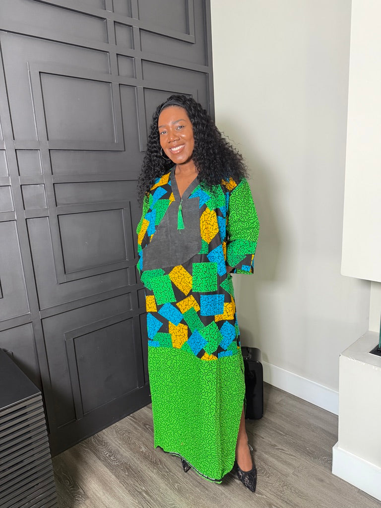 Green Patchwork-Print Tassel-Neck Kaftan Dress