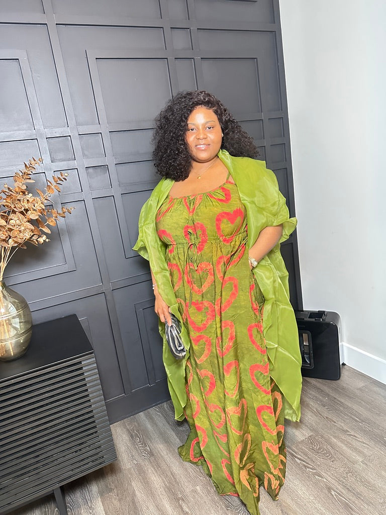 Olive Heart-Print Maxi Dress & Sheer Duster Set