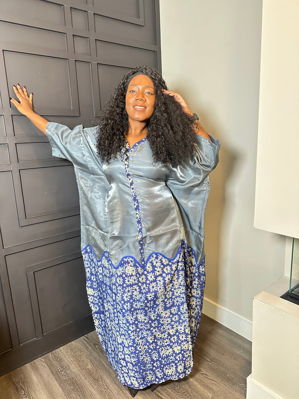 Silver and Blue Floral-Panel Kaftan