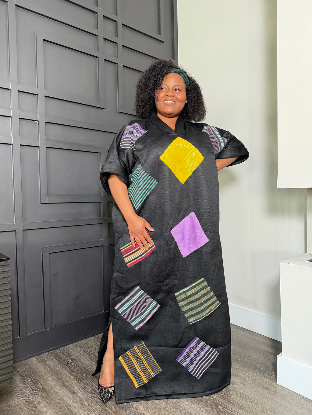 Black Geometric Patchwork V-Neck Shift Dress