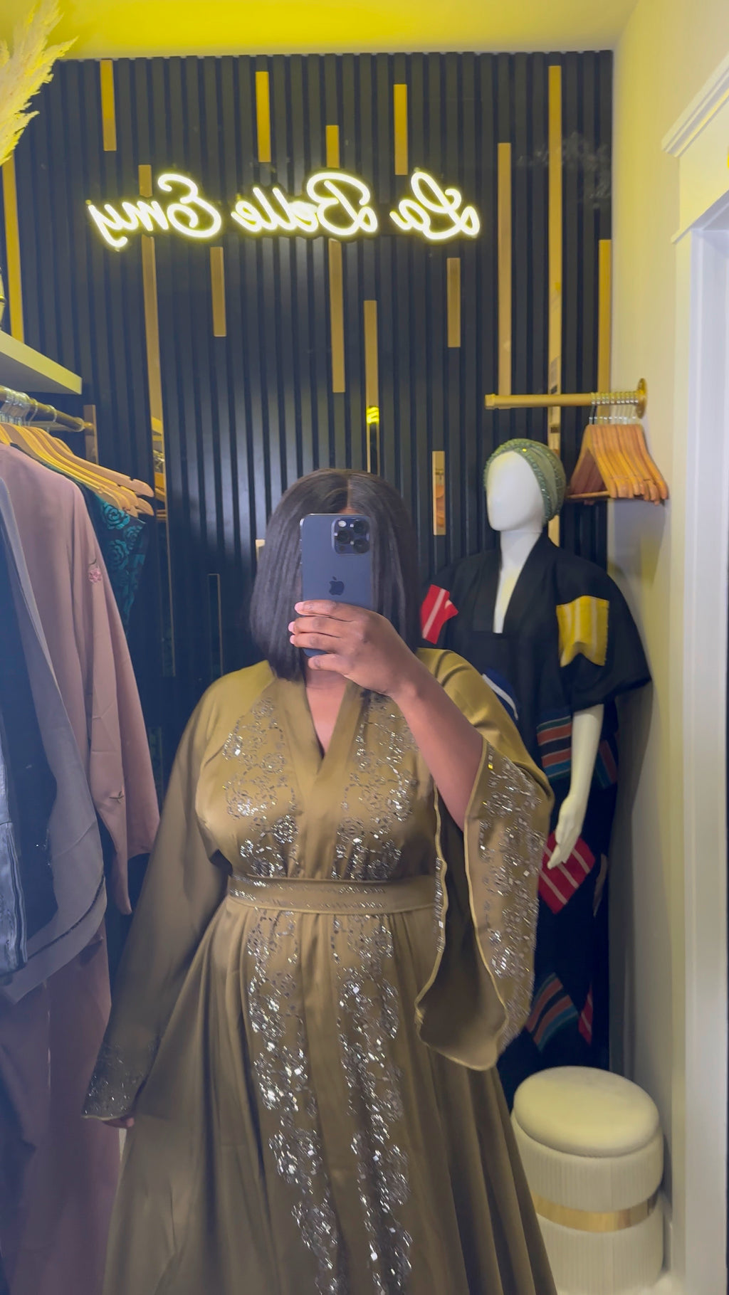 Olive-Gold Belted Crystal-Effect Kaftan Gown