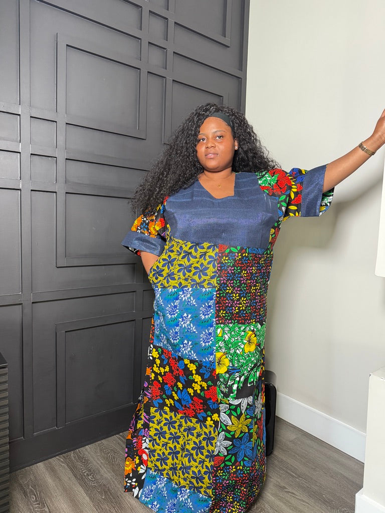 Floral Patchwork Full-Length Dress with Navy Yoke
