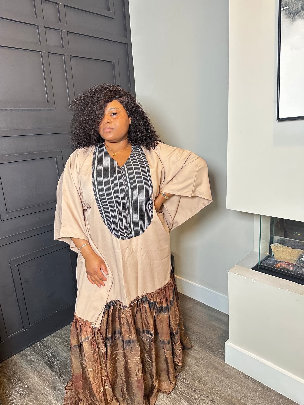Maxi Dress - Beige with Brown Mixed Print