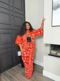 Wide-Leg Pants Set with Red Mixed-Print Jacket