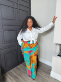 Turquoise Abstract-Print Wide-Leg Cargo Pants