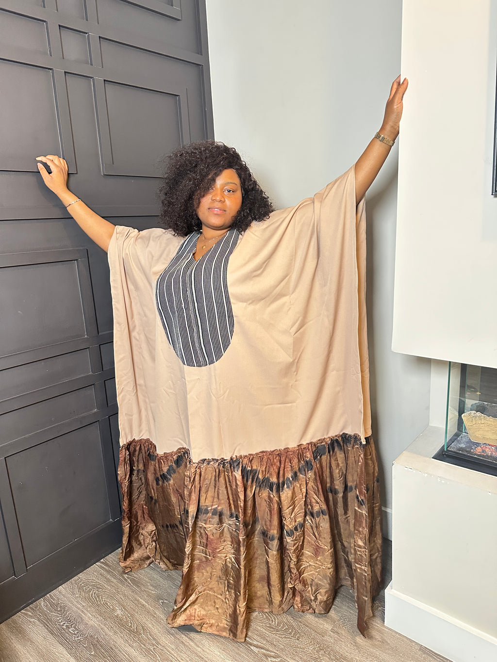 Maxi Dress - Beige with Brown Mixed Print
