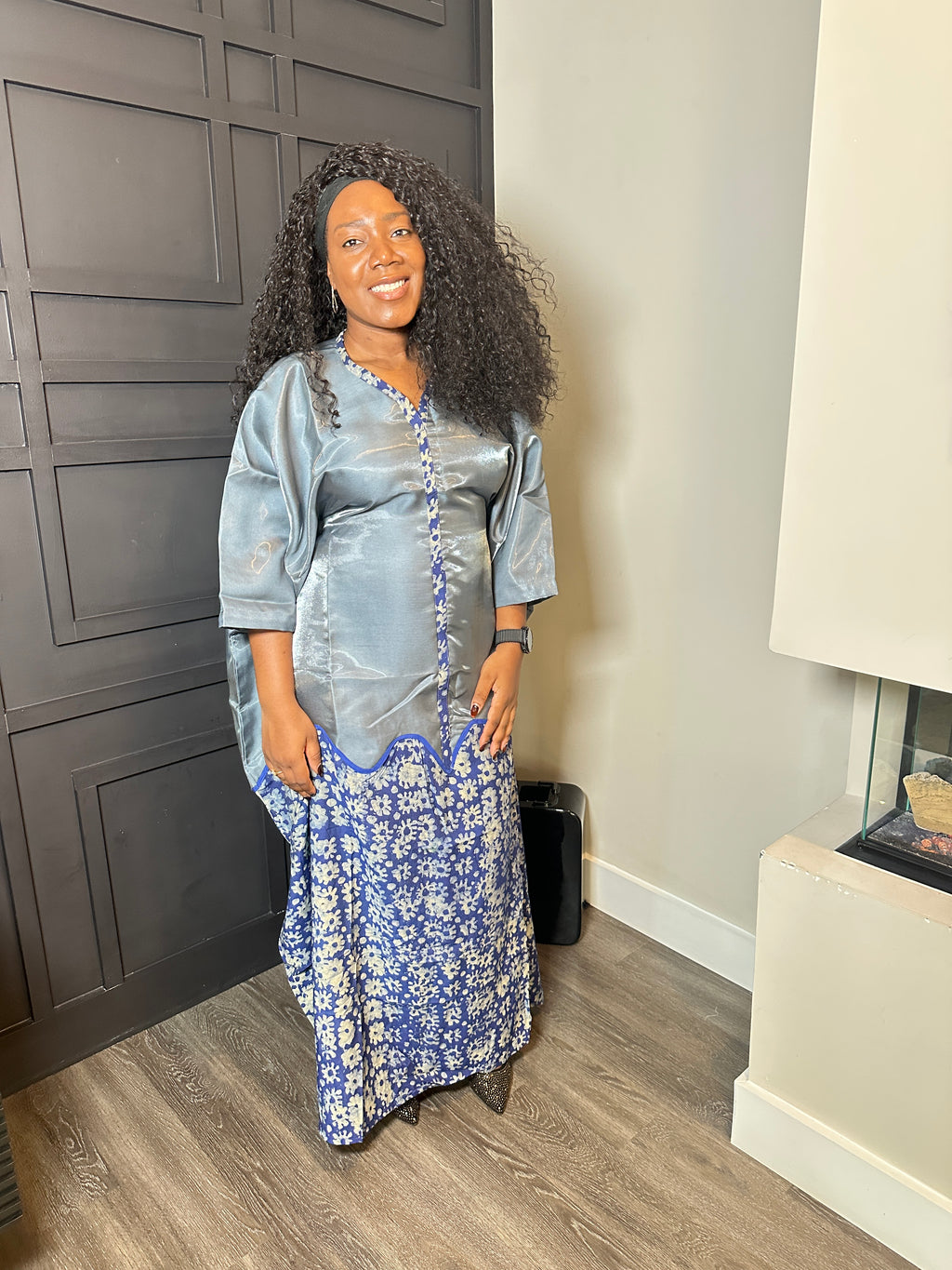 Silver and Blue Floral-Panel Kaftan