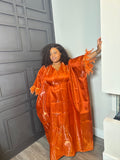 Orange Ruffled Kaftan with Feather-Effect Trim