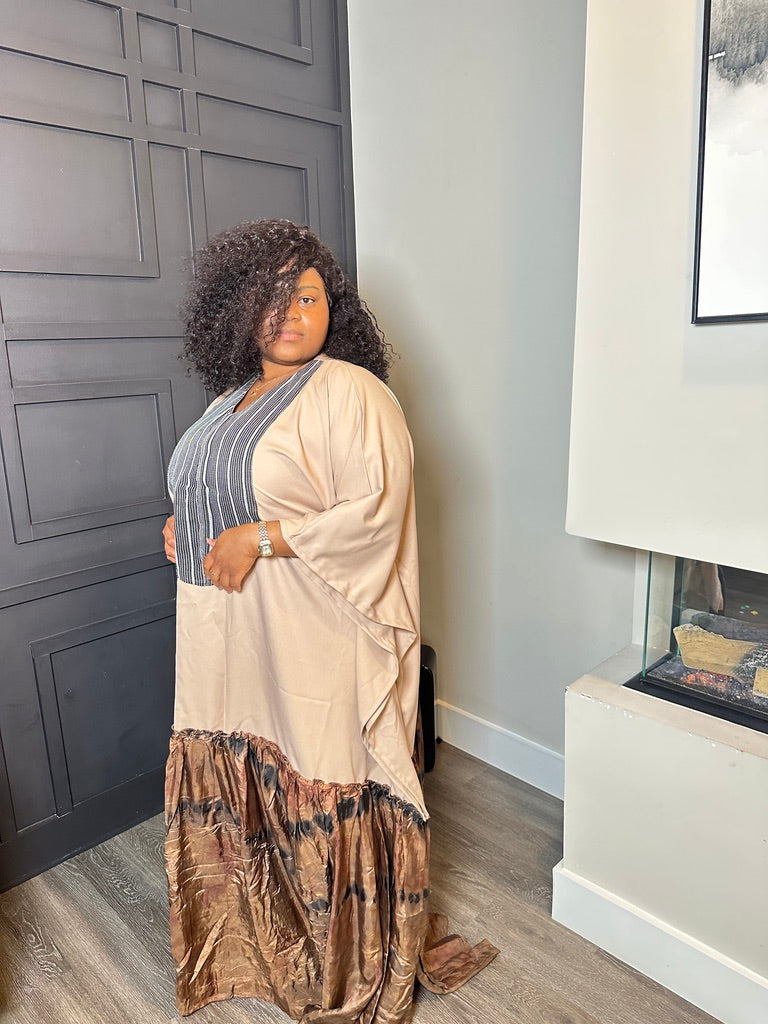 Maxi Dress - Beige with Brown Mixed Print