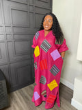 Fuchsia Patchwork V-Neck Relaxed Shift Dress