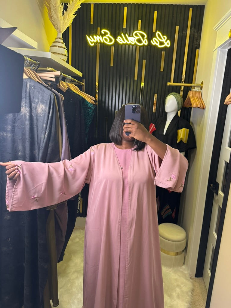 Dusty Rose Floral-Embroidered Open-Front Abaya