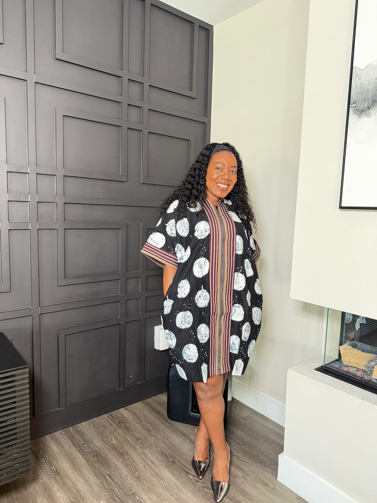 Black Abstract-Print Tunic Dress with Striped Trim