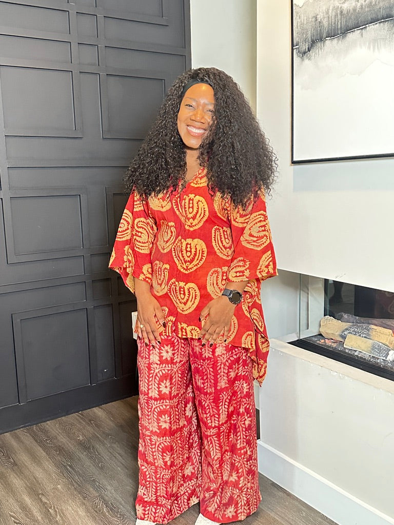 Red Paisley-Print Tunic and Wide-Leg Pants Set