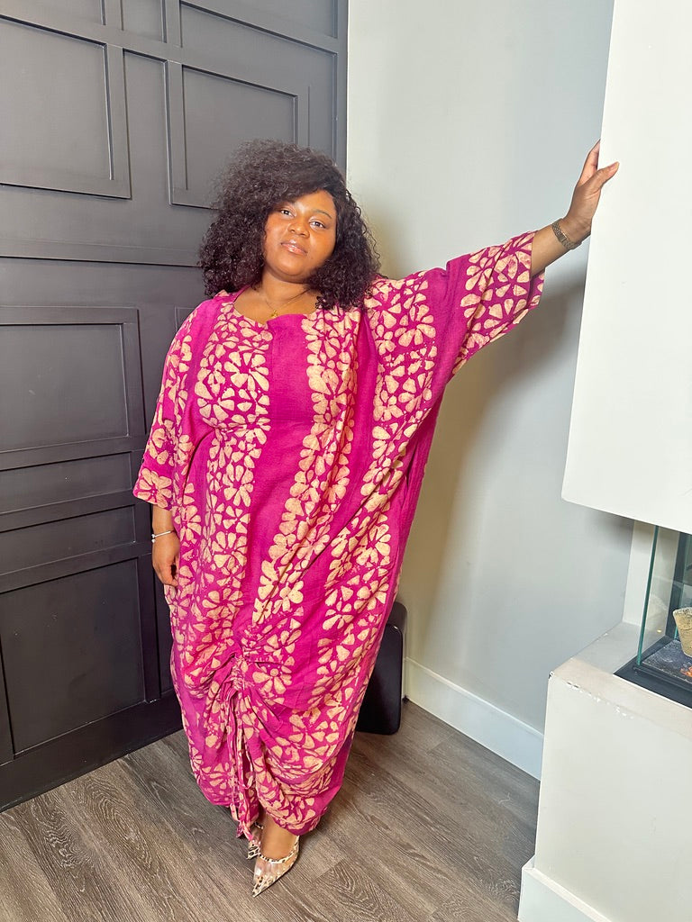 Magenta Botanical-Print Long-Sleeve Shift Dress