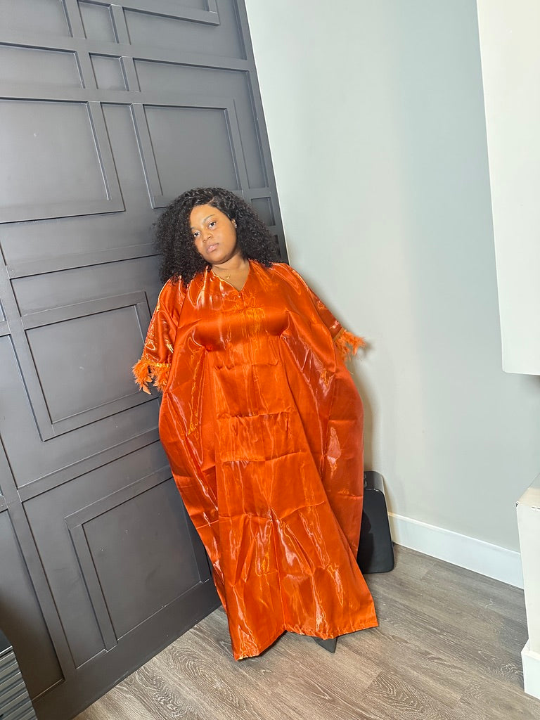 Orange Ruffled Kaftan with Feather-Effect Trim