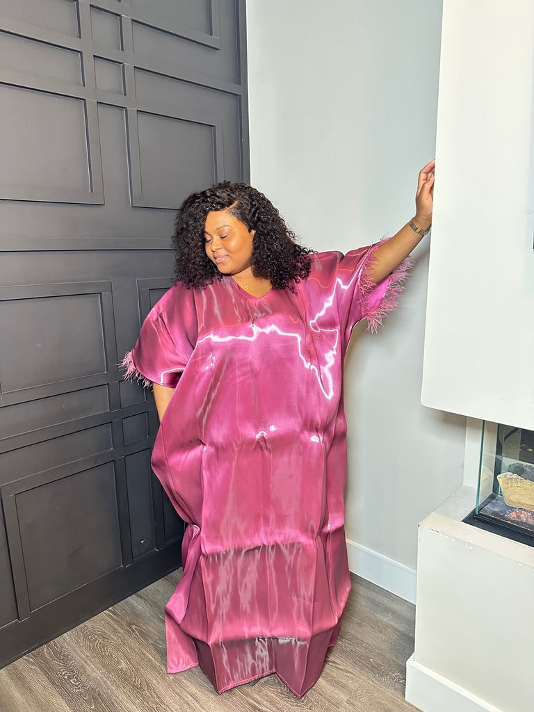 Mauve Fringe-Trim Dress with Draped Front Panel