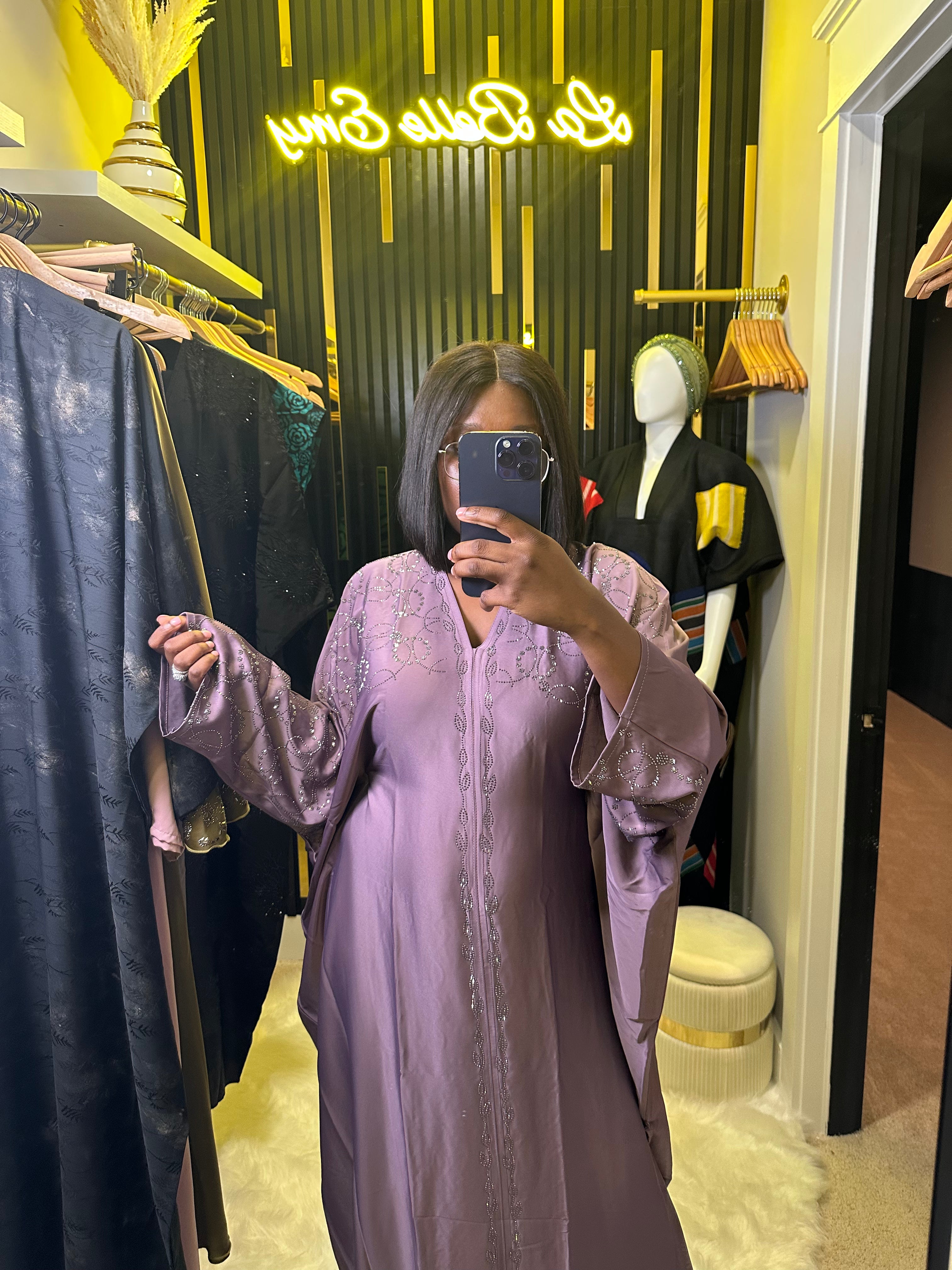 Mauve Crystal-Effect Embellished V-Neck Kaftan