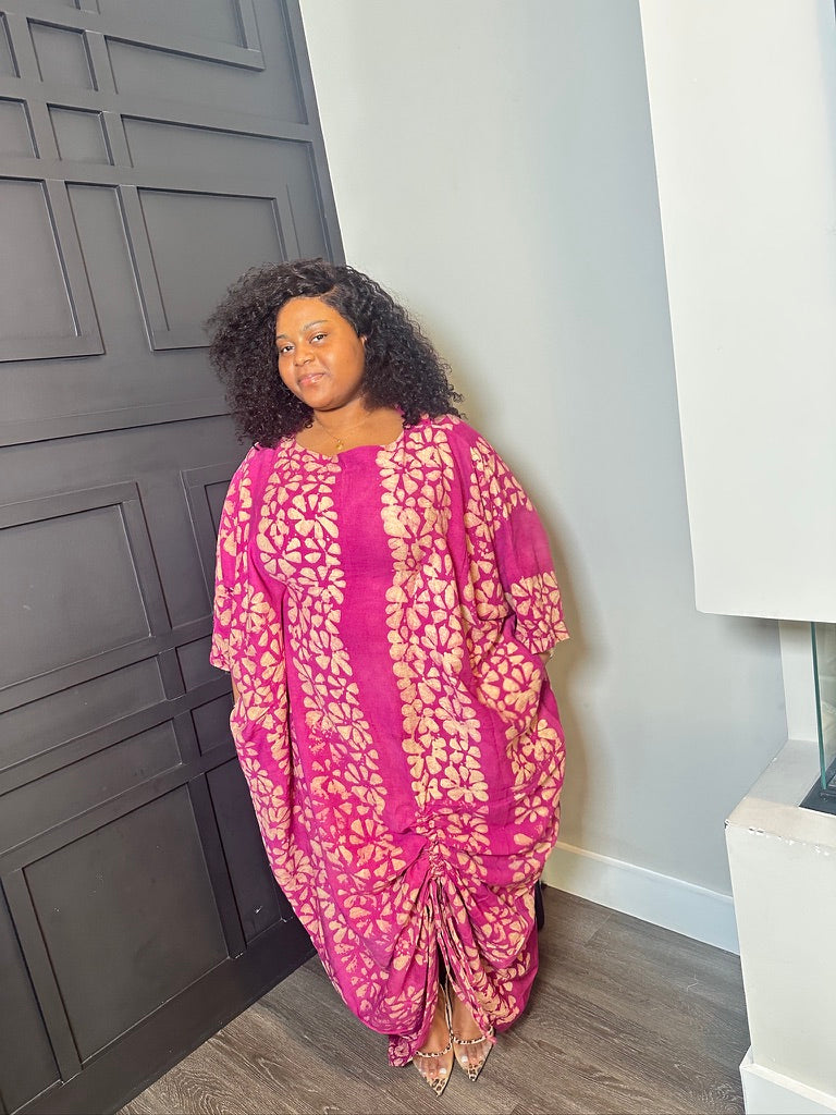 Magenta Botanical-Print Long-Sleeve Shift Dress
