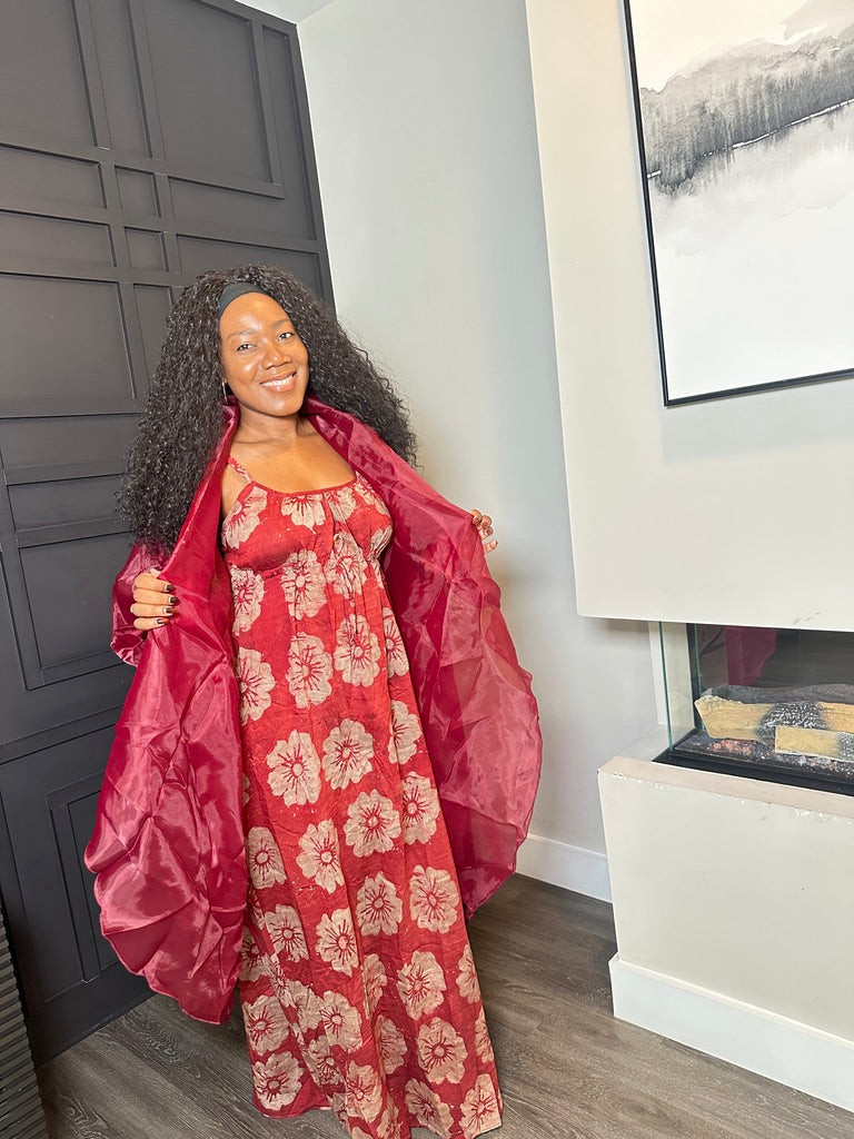 Burgundy Floral Layered Set with Ruffle Duster