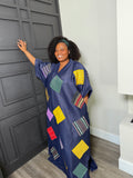 Navy Geometric Patchwork V-Neck Shift Dress