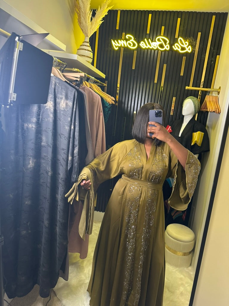 Olive-Gold Belted Crystal-Effect Kaftan Gown